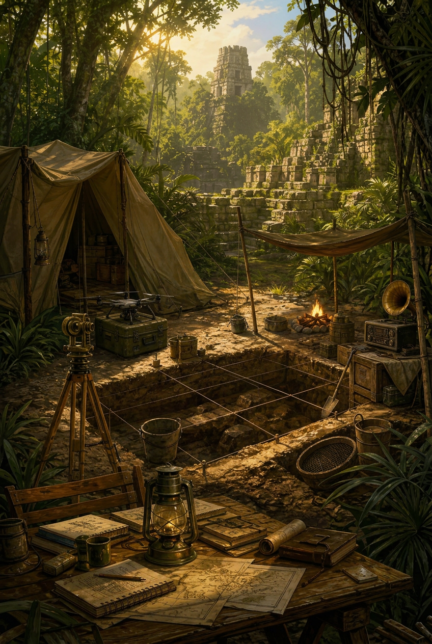 Painted archaeological field camp beside Maya ruins in the jungle