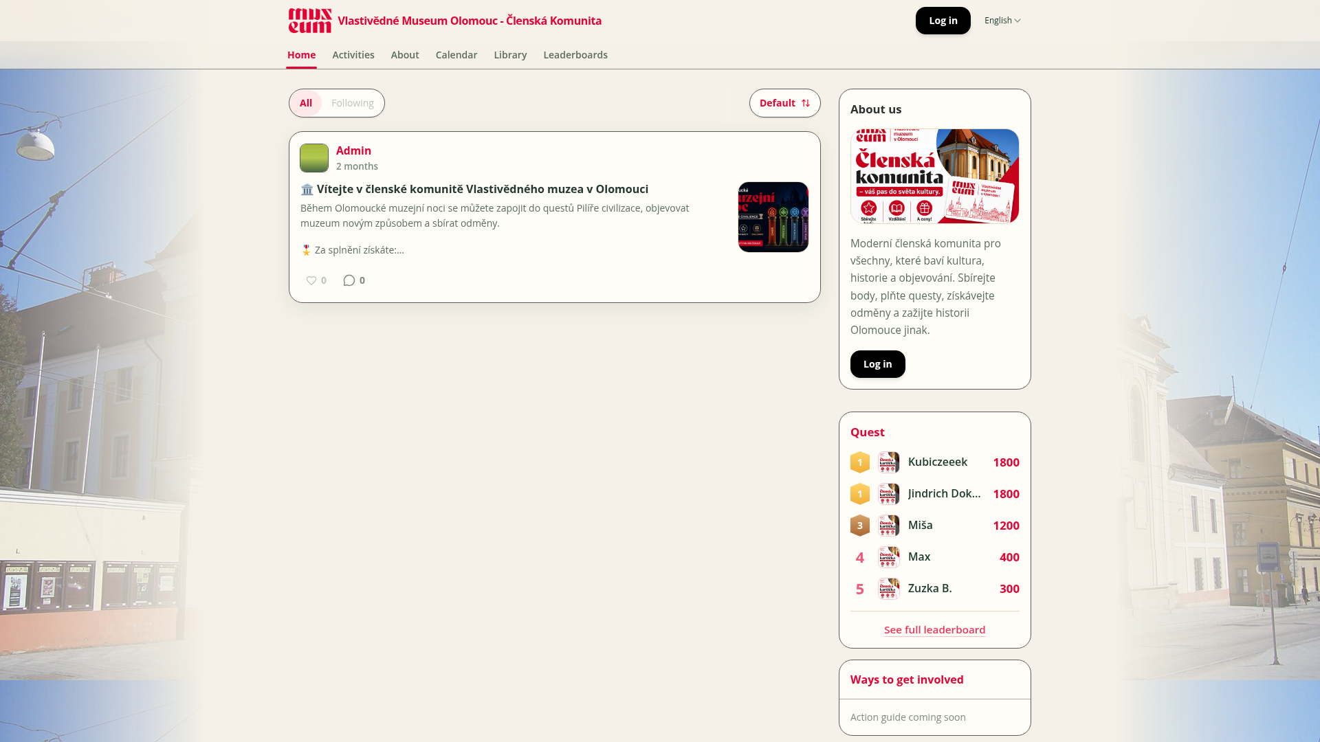 Screenshot of the Vlastivědné muzeum v Olomouci member community on the Culture Quest platform